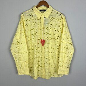 Lauren Ralph Lauren Shirt‎ Womens 2X Yellow Eyelet Button Up Long Sleeve Cotton